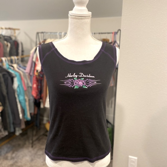 Harley-Davidson Tops - Vintage Techno Harley Davidson Hong Kong Tribal Purple Rose Graphic Tank Top